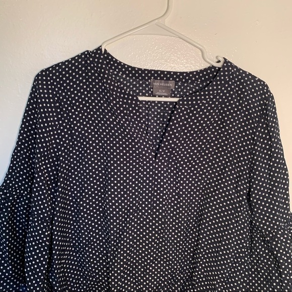Van Heusen Split Neck Blouse Navy Polka Dots Bell Sleeve - Picture 3 of 9